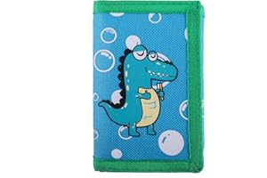 SUNDEE RFID Blocking Wallet for Kids/Slim Cartoon Wallet with Zippered Pocket/Trifold Canvas Outdoor Sports Wallet, Dinosaur