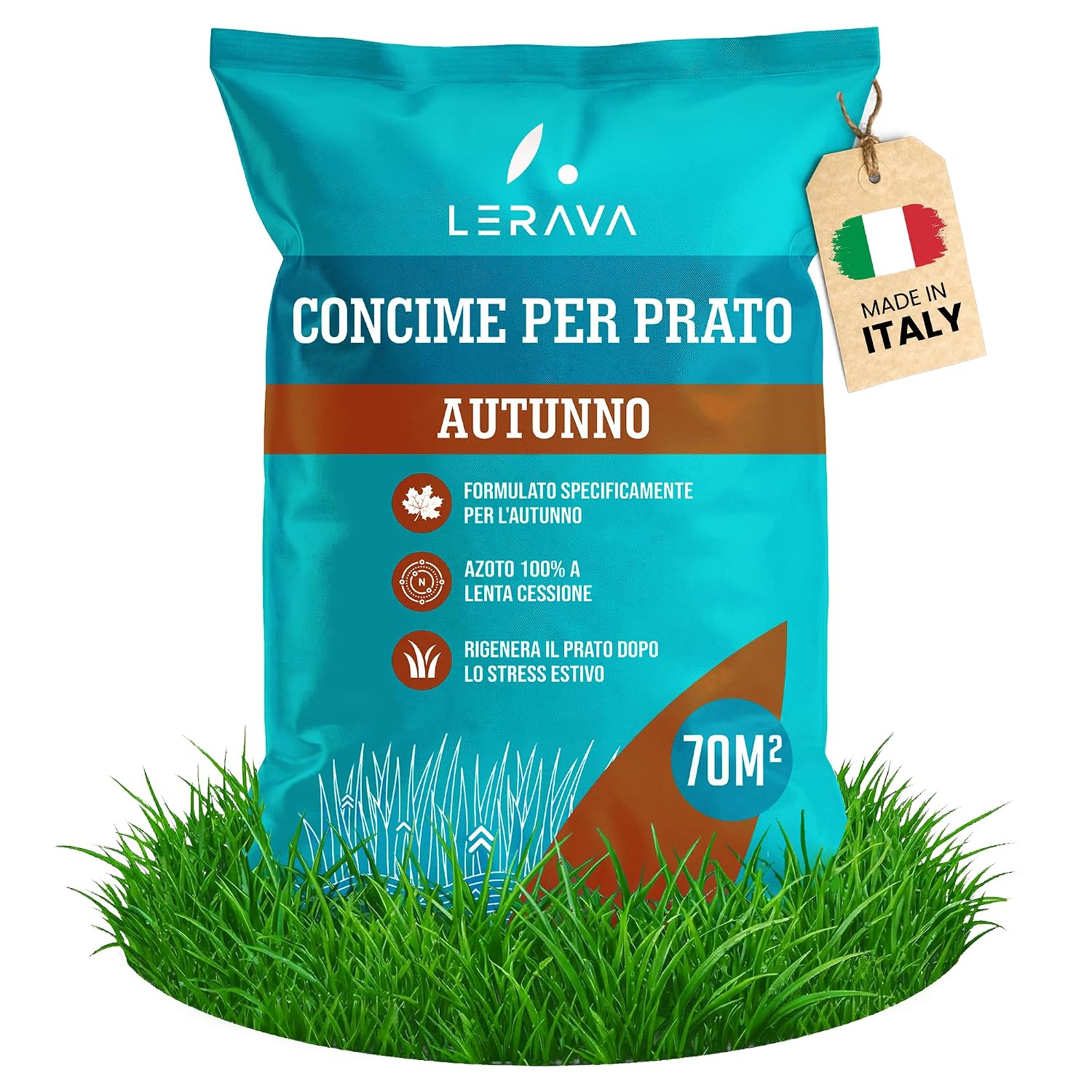 LERAVA® Concime Prato Autunno (70 m²) - Azoto Che Rigenera Dopo l'Estate | Fertilizzante erboso granulare a lento rilascio - potassio e magnesio - erba verde e forte in inverno da settembre