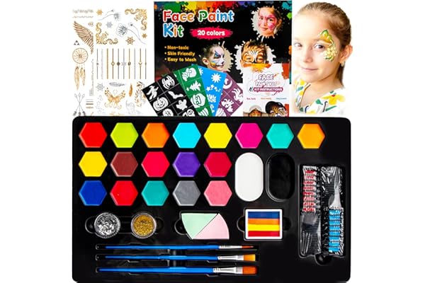 Kit de peinture faciale pour enfants,20 couleurs non toxique Kit de peinture faciale,Kit de peinture faciale professionnel Comprend des craies,des pochoirs,un kit de maquillage de fête d’Halloween