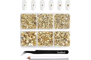 Beadsland 4300 strass dorati con retro piatto, pietre chiodate, strass rotondi per fai da te, in 6 misure, con pinzette per picking e set di matite a cera, SS6-SS20, oro metallico