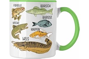 Trendation - Angler Fischer Tasse mit Fischarten Geschenk Raubfische Hobbyangler Hecht Forelle Barsch Angeln Kaffeetasse (Grün)