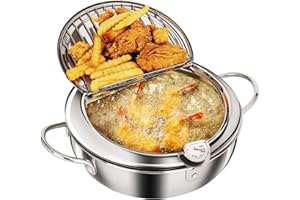 PLPLAAOO Olla para freír Tempura, olla para freír profunda de acero inoxidable con tapa y escurridor de goteo de aceite, olla para freír de estilo japonés con termómetro, compatible con cocina de(Small-20cm)