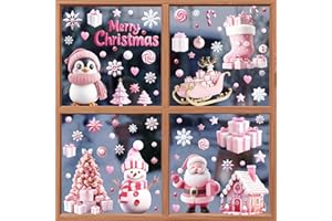 DREAM LOOM Weihnachtsfenster Klemmern Aufkleber, 9 Blätter Pink Santa Schneemann Pinguin Schneeflocke Weihnachtsbaum Statische Aufkleber für Winterurlaub Dekoration