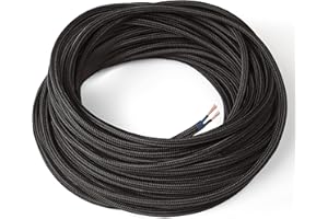 Amarcords - Câble électrique textile couleur NOIR, rond, soie, 5 mètres, à 2 brins 2x0,75 - Fil vintage en tissu coloré, pour lampes, lustres, appliques et abat-jours.