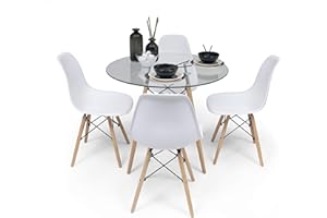SENSACION DE HOGAR HOMELY MUEBLES DECORACION DESCANSO Homely - Conjunto de Comedor Nordic Cristal 100 Mesa de Cristal Redonda de 100 cm y 4 sillas nórdicas (Blanco)