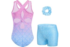 Arshiner Gymnastikdräkt för flickor, 3-delat gymnastikdräkt för barn med shorts och hårsnodd, ärmlös gymnastikdräkt med klipp-rygg och glitter, balettdräkt och dansbody i 3–11 år