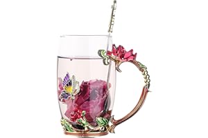 HUISHENG Enamels Butterfly Flower Tea Cup Sets, Glass Coffee Mugs, Valentines Christmas Birthday Graduation, Women Wife Her Mum Grandma Teacher Friend Present