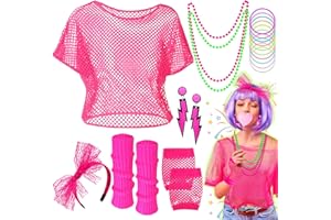 Shepinsky 80s Fancy Dress for Women,1980s Fancy Party Costumes Accessories Set,80s Outfits Neon Mesh T-Shirt,Leg Warmers Fishnet Gloves Headband Earrings Bracelets Necklaces for Retro Party Dress up