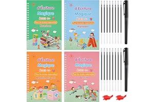 OFFCUP Cahier Ecriture Magique, 4 Cahier Calligraphie Francais, Ecriture Calligraphique Enfant Livre de Pratique d'écriture Reutilisable avec 2 Stylo Magique +16 Recharges + 2 Correcteur de Prise
