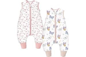 Teechodina Baby Schlafsack mit Füßen 2er Pack Baumwolle 2.5 Tog Kinder Winter Schlafsack mit Beinen für Jungen Mädchen, 2.5 Tog/Kirschblüte + Schmetterling, 100cm/Baby Höhe 110-120cm