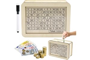 EXIN DECHEN Skarbonka z drewna, skarbonka wielokrotnego użytku z 1 ścieralnym pisakiem i płytkami akrylowymi, skarbonka z licznikiem, pomaga dorosłym i dzieciom oszczędzać