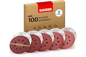 GAUDER Schleifscheiben Set für Exzenterschleifer Ø 125mm - Schleifpapier Klett - 8 Loch Schleifblätter rund - Schleifpads (100 Stück - je 20x 80/120/180/240/320 Körnung)