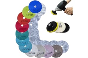 GIYIM Diamond Polishing Pads - 15PCS Mixed Grits 50-10000 for Granite Stone, Concrete and Marble Polishing, Quality Wet/Dry 4 Inch 100mm Granite Polish Pads with M14 Backer Pad