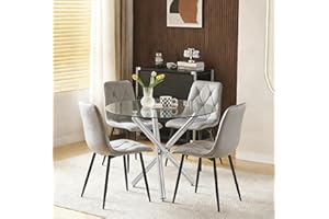 Menaka 5 Pieces Round Glass Dining Table and Grey Velvet Chairs Set Small Space for 4 People, Modern Kitchen Table with Chairs Set of 4 Restaurant (table with 4 grey chairs)