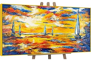 YS-Art Acrylic painting on canvas Sea Mirage Modern absctract landscape wall art summer motive Hand-painted framed artwork Sun Sailboats 48x24 inches