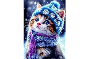 NEWENMO Bricolage Mignon Chaton Diamond Painting Set,5D Chat d'Hiver Peinture Diamant pour Adulte,DIY Diamond Art Kits,Animal Diamant Painting Kit,pour Adulte Débutant Murale Décoration (30x40cm)