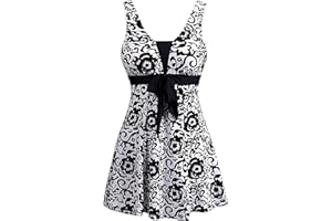 Wantdo damski jednoczęściowy strój kąpielowy wyszczuplający szczupły dekolt w serek pokrowiec na brzuch sukienka tankini kwiatowy Push Up Plus rozmiar