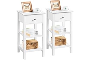 Yaheetech 2 Piezas Mesitas de Noche Alta 35×35x70cm Mesillas de Noche con Cajón y Dos Estantes Mesa Auxiliar Madera MDF para Dormitorio Blanco
