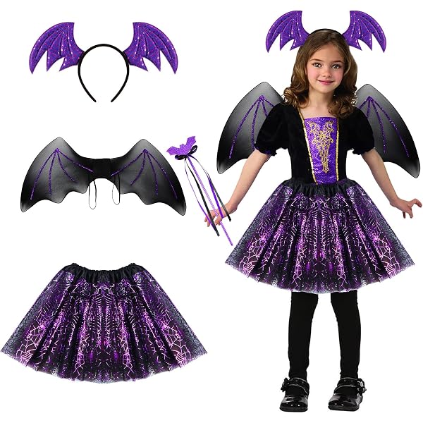Set Costume Pipistrello Per Bambine – 6 Pezzi Con Gonna LED, Ali, Bacchetta, Maschera E Fascia – Halloween