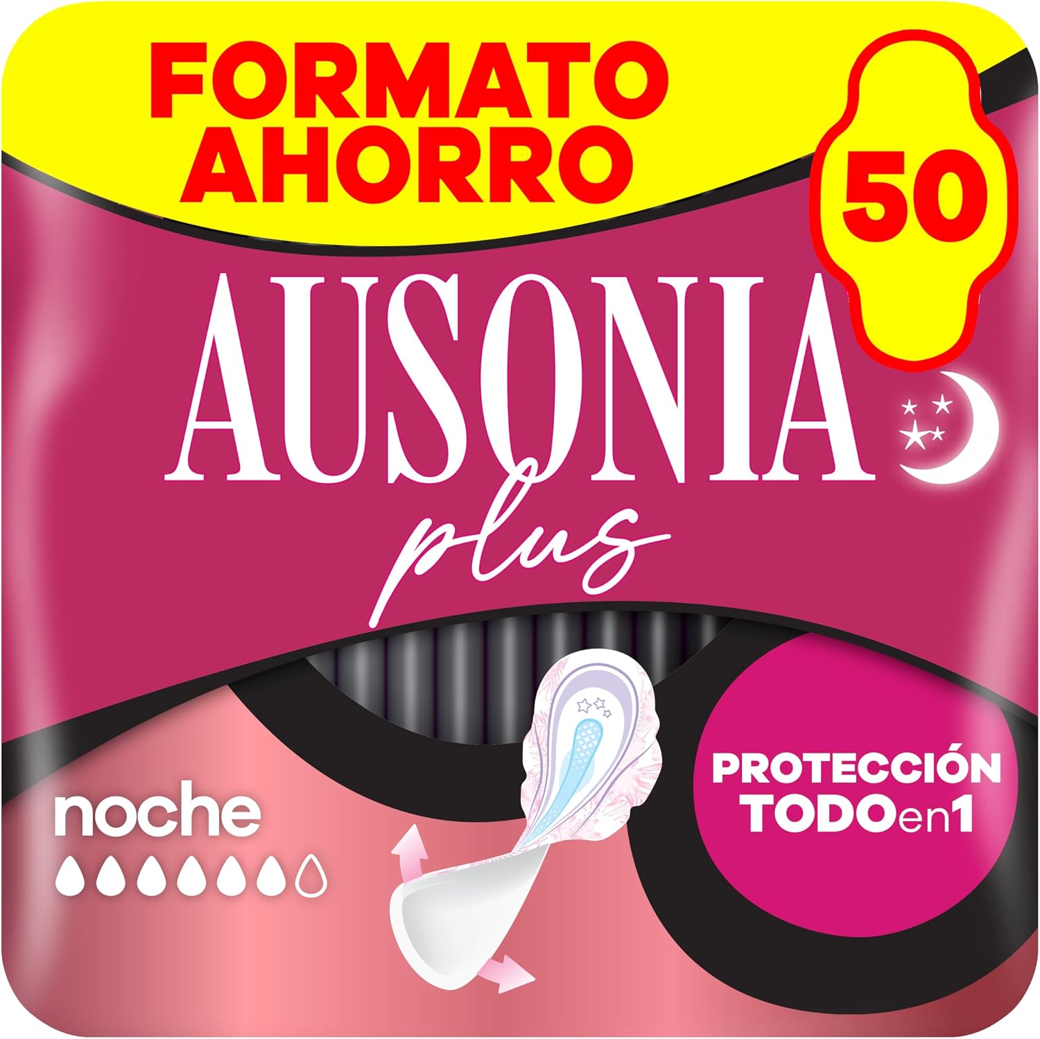 Ausonia Compresas Ultra Plus Noche Con Alas, 50 unidades, Protección Y Ligero Aroma Todo En Uno (Más Anchas En La Parte Trasera)
