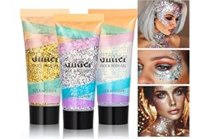 KOSOEUR Glitzer Gesicht, 3 Stück Glitzer Schminke Gesicht, Chunky Glitzer Make Up, Meerjungfrau Festival Glitzer Gesicht Gel, Body Glitter Gel für Festival, Party, Face, Haare, Lippen (Silber,Gold,Weiß)