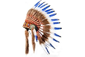 Pink Pineapple Coiffe Indienne en Plumes d'origine Responsable - Warbonnet Style Indiens d’Amérique Fait Main - d’Inspiration amérindienne, Artisanale & éthique - Courte Longueur - Bleu et Blanc