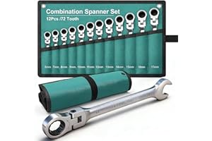 BLUEMARS 12PCS Flexible Ratchet Spanner Sets, 180° Flex Head, Metric 6-17mm, 72 Teeth Gear Wrench Set with Roll-Up Pouch, Includes 10mm & 17mm Spanners for DIY & Repairs