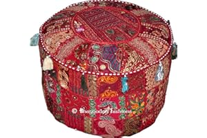 Indian Round Patch Work Embroidered Ottoman Pouf, Indian Round Ottoman Stool Pouf Pillow Patterned Cocktail Vintage Hassock Pouffe, Cotton Handmade Ottoman Pouf, 18x13 Inch. By Bhagyoday by BhagyodayFashions