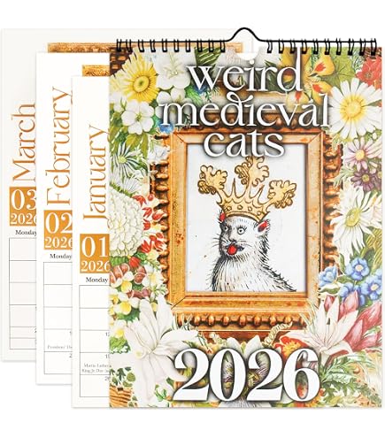 Calendario Da Muro 2026 'Weird Cats In Renaissance' - Gatti Medievali Divertenti, Formato 8.5x11 Pollici, Planner Mensile