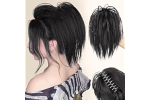 PORSMEER Claw Clip in Ponytail Hair Extensions,Messy Bun Chignon Hair Piece Natural Straight Extensions for Women Girls Tousled Updo Short Ponytail Bun Black 10 inch
