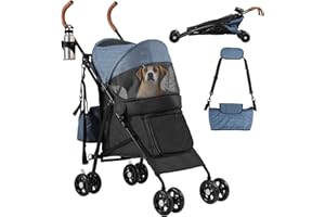 DWVO Dog Stroller, Pet Stroller, Foldable Dog Travel Pushchair, Dog Pushchair with 4 EVA Wheels for Medium Dog 22kg, with Storage Basket, Cup Holder, Hanging Bag and Safety Belt, Dog pram (Blue Black)