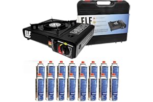 ELFMONKEY Hornillo de gas con maletín, incluye 16 cartuchos de gas, ideal para camping o fondue, protección contra sobrecalentamiento, hornillo de gas para camping con maletín