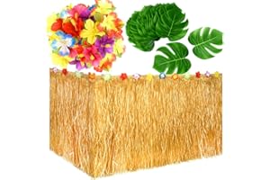 KUUQA Luau Hawaiian Grass Tisch Rock und 48 Stück Künstliche Tropische Palme Monstera Blätter Hibiskusblüten für Aloha Tiki Dschungel Moana Thema Tropical Birthday Party Dekorationen Ideen Lieferungen