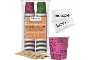 bioexxe Kit cafe, agitadores pequeños y azúcar: 100 uds Vasos de café de papel 75ml + 100 uds Agitadores de café biodegradables 100 uds Saquitos de azúcar, Vasos desechable (arcoíris)