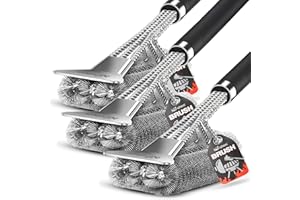 BIO-CHEM CLEANTEC bio-chem 3 x szczotka do grilla – wytrzymała i ergonomiczna – bardzo długi uchwyt z izolacją cieplną – 3-krotna szczotka druciana z włosiem ze stali nierdzewnej i skrobakiem – do rusztu grillowego,