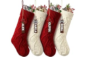 Jodimitty 4er Set Gestrickte Weihnachsstrumpf 46cm Großer Nikolausstrumpf mit 4 Leeren Namensschildern aus Holz, Aufhngen Weihnachtsdeko für Kamin Wand Treppe Weihnachtsbaum Familien Party