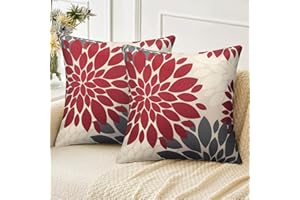 Velvhom Copricuscini Divani Rosso e Grigio Fiori Dalia Modello Astratti Autunno Federe Cuscini Divano Quadrati Lino 45x45 Fodere Cuscini per Divano Morbido Soggiorno Camera da Letto Set di 2