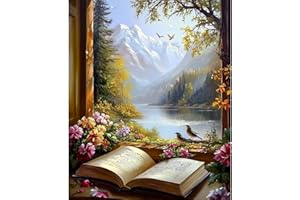 NEWENMO Hermoso Paisaje Pintar por Numeros Kit,Flores y Libros Pintura por Numeros Adultos,DIY Paint by Numbers Kits,con Pinceles y Pigmento Acrílico,para Decoración de Hogar(40x50cm,Sin Marco)
