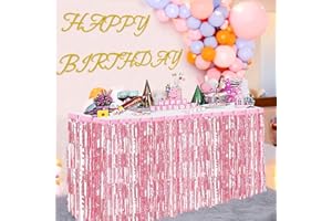 COFLINK 2 Pack Metallic Foil Fringe Table Skirt - 108 x 29 Inch Tinsel Garland for Rectangle Tables, Perfect for Birthday, Wedding, New Year, Mardi Gras, Parade Floats (Pink)
