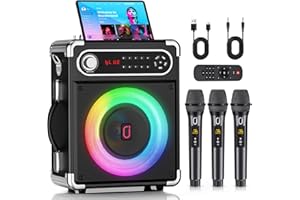 JYX Karaoke Machine with 3 Wireless Microphones, Portable Bluetooth Speaker with Echo Effect, Bass Treble Adjustment, Disco Lights, Support SD Card/USB/AUX/TWS/TV/FM/REC for Home Party Outdoor