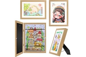 Feelhap Marco de arte para niños,2Pcs Marco para Dibujos Niños Portarretratos Arte Infantil Apertura Frontal A4 Marco de Madera para Casa Escuela,Almacenamiento Capacidad Hasta 150 fotos, Color Madera