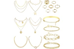 Kakonia 17 Stück Schmuck Gold Set Ketten Armbander Für Damen Mädchen Ring Gold Damen Layer Chain Halskette Gold Silber Verstellbar Gliederkette Chain Halskette Modeschmuck Hip Hop Set