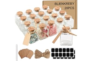 BLIENKREBY Lot de 20 Petite Bouteille en Verre, 50 ml Fiole en Verre, Mini Pot Conservation Carré avec Étiquettes et Ficelle, Mini Bouteille pour Mariage, Fête, Dragees Bapteme