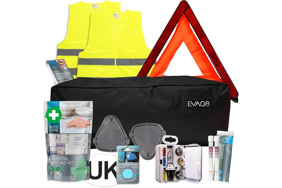 EVAQ8 European Car Travel Kit For Driving in France With Breathalysers, Warning Triangle, UK Sticker, Hi-Vis Vests, Beam Deflectors, Bulb Kit, First Aid Kit and Information sheet...