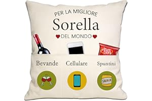 BOMMEX Sorella Regalo da Sorella Fratello Migliore Sorella Del Mondo Copricuscino 18x18 Pollici con 3 Tasche per Sorella Grande Piccola Sorella Regalo Sorella Anima Regalo di Natale Compleanno(sorella)