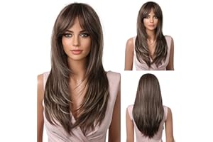 HAIRCUBE Długie Brązowe Warstwowe Syntetyczne Peruki do Włosów dla Kobiet z Podkreśleniem