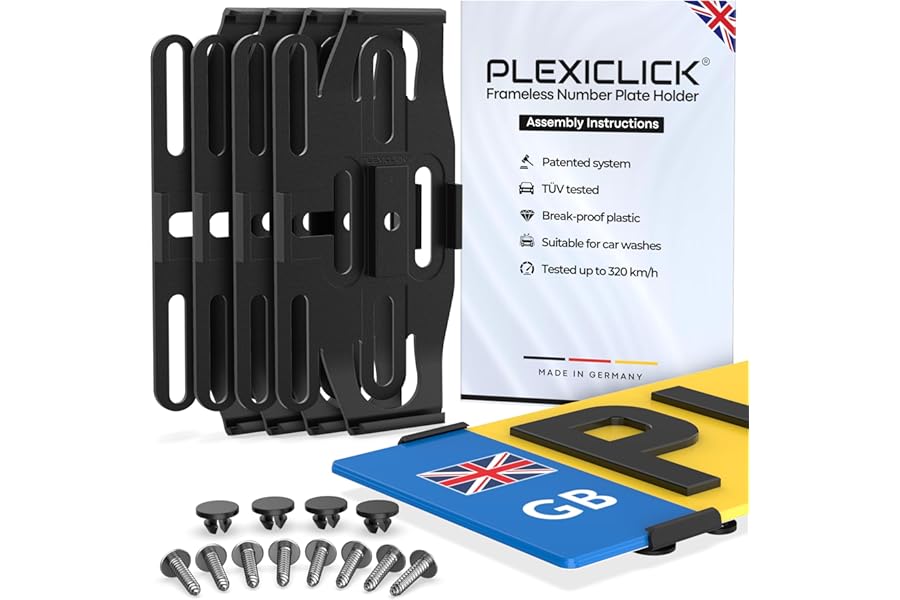 PLEXICLICK® 4x Number Plate Holder - Black - Frameless Number Plate Clips For Acrylic UK Number Plates - Universal Reg Plate Holder - Strong & Secure License Plate Holder - 100% Made In Germany
