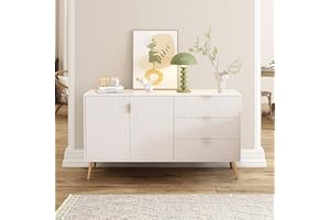 Wyibwy Moderno Credenza Cucina con 2 ante 3 cassetti, 2 ripiani,credenza con forma speciale del pannello, colori misti,Credenza Soggiorno 140x 40x78 cm,per soggiorno,sala da pranzo,Bianco