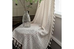 USTIDE Beige Lace Curtain Rustic Crochet Bedroom Light Reducing Curtain with Macrame Decor Rod Pocket, 63"×94", 2 Panels