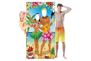 Gibocot Hawaiian Party Decorations 71x35in Tropical Backdrop with Face Cutouts, Beach Photo Booth Props for Summer Luau Tiki Bar & Bachelorette Party Accessories, Reusable
